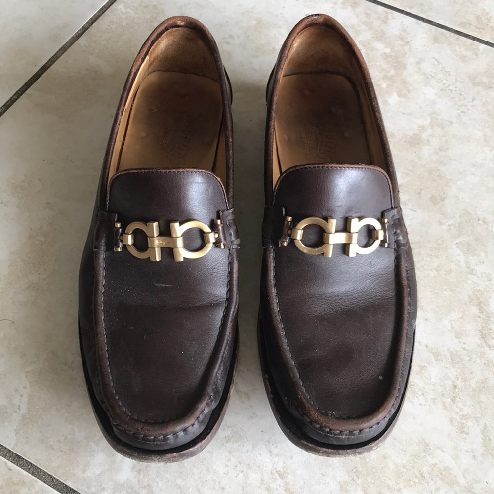 SALVATORE FERRAGAMO BRONZE GANCINI LEATHER SHOES